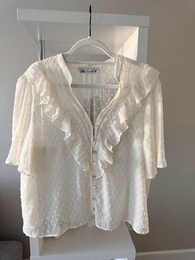 Zara Cream Ruffle Dot-Detail Blouse